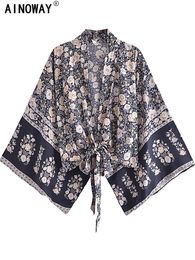 Sweaters Vintage Boho Kimono Cardigan Floral Short Robe Swimsuits Women Fashion Batwing Sleeves Rayon Bohemian Bikini Cover Ups Beachwear