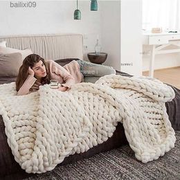 Blankets Hand Chunky Knitted Blanket Thick Yarn Merino Wool Bulky Knitting Throw Blankets Nordic Chunky Knitted Blanket DropShipping T230710