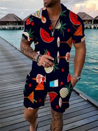 Men's Tracksuits Watermelon Pineapple Printing T-Shirt Shorts Suit Half Zip Polo Shirt And Pants Two Pieces In Total Summer Clothing Set