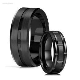 Classic Men's 8mm Black Wedding Rings Double Groove Bevelled Edge Brick Pattern Brushed Rings For Men