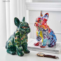 Decorative Objects Figurines Creative Painted Bulldog Sculpture Dog Statue Nordic Home Living Decoration Kawaii Room Decor Desk Accessories Resin Crafts T230710
