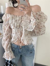 Women's Blouses Alien Kitty Beige Chiffon Sexy V-Neck Women Slash Neck Full Sleeve 2023 Printed Summer Florals Chic Elegant Slim