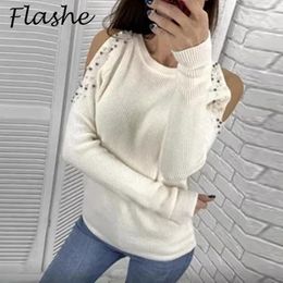 Women's Sweaters Fashion Sweater Women Off Shoulder Sexy Womens Winter Bead Design Pullover Femme Jumper Ladies Solid Knitwear Top 2023