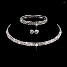 Chains Fashion Crystal Bridal Jewelry Sets Women Silver Color Geometric Choker Necklace Earrings Bracelet Wedding Charming