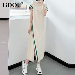 Capris 2023 Summer New Korean Style Contrast Color Asymmetrical Ladies Midi Dress Female Short Sleeve Loose Casual Straight Vestidos