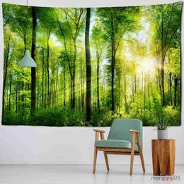 Tapestries Sunshine Green Forest Tapestry Wall Hanging Landscape Art Aesthetics Room Bedroom Living Room Decor Background Fabric R230710