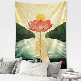 Tapestries Lotus Sunset Oil Painting Tapestry Wall Hanging Style Witchcraft Art Home Decor R230710