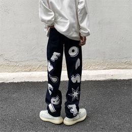 Men's Jeans Hip Hop Letter Star Print Low Waist Trousers Straight Baggy Denim Pants Clothes Spring Y2k Men Korean Streetwear Fashion