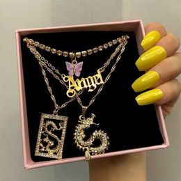 Pendant Necklaces New Multi Layer Butterfly Dragon Charms Crystal for Women Punk Golden Angel Letter Clavicle Chain Hiphop Gifts Jewelry 230613