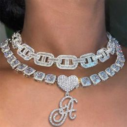 Pendant Necklaces Hip Hop Bling Crystal Cursive Letter Initial Necklace Women Iced Out Cuban Choker Square Tennis Chain Jewellery 230613