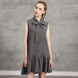 Casual Dresses Retro Plaid Tie Loose Skirt Summer Small Man Age-reducing Cotton And Linen Dress