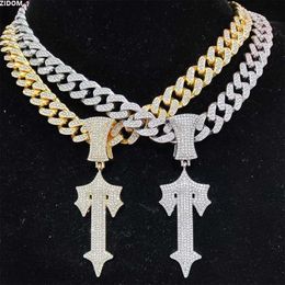 Pendant Necklaces New Men Women Hip Hop Letter Iced Out Cross Sword with 13mm Cuban Chain Hiphop Necklace Fashion Charm Jewellery 230613