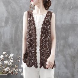 Jackets Women Sleeveless Jacket Waistcoat Hollow Out Lace Cardigan Crochet Tops Bohemian Style Vintage Blouse Outwear