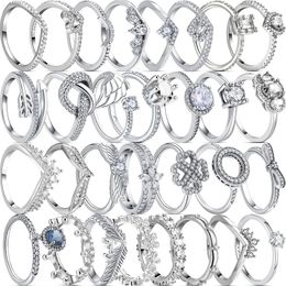 Cluster Rings 925 Solid Silver Spring Pave Bow Flower Princess Crown Clover Round Sparkling For Women Original Luxury Charms Jewellery