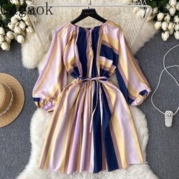 Casual Dresses Gagaok French Long Sleeved Colourful Striped Dress For Women Slim Waist Vintage Loose A-line Fashion Mini Vestidos