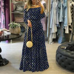 Casual Dresses Women Dress Puff Long Sleeve Waist Tight Stitching Large Hem Off Shoulder Dot Stamping Printed Boho