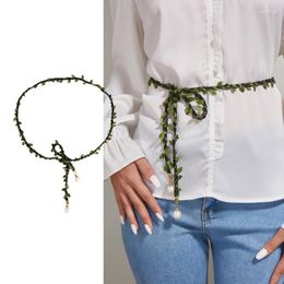 Belts M89E Ladies Belt Thin Green Leaves With White Pearl Pendant Decors Waist