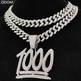 Pendant Necklaces Men Women Hip Hop 1000 Number Necklace with 13mm Crystal Cuban Chain Iced Out Bling Hiphop Fashion Jewelry 230613