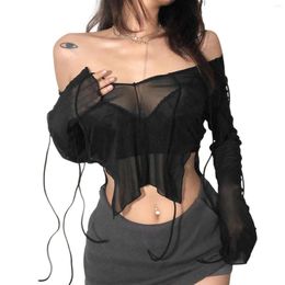 Women's T Shirts Sexy Lace Up V Neck Long Sleeve Black For Women Female Clubwear Mesh Blouses Fashion See Through Crop Tops