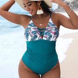 Women's Swimwear 2023 Women Cross Deep V Neck Floral Print Patchwork High Waist Bikini Green One Piece Swimsuit