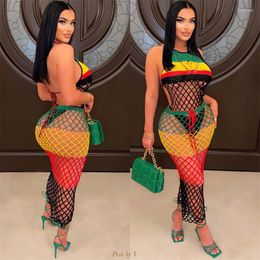Casual Dresses 2Hand Knitted Patchwork Beach Dress Women Sexy Hollow Out Fishnet Halter Backless Bikini Cover Up With Colourful Accents