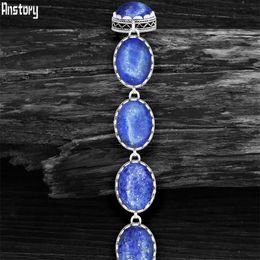 Chain Natural Oval Lapis Lazuli Bracelet For Women Vintage Antique Silver Plated Flower Pendant Fashion Jewellery Party Gift TB276 230710