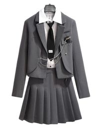 Trench 2023 Spring Streetwear 3 Piece Pleated Skirt Suit Plus Size Haruku Loose Jacket Blazer+mini Aline Skirt+white Blouse Summer