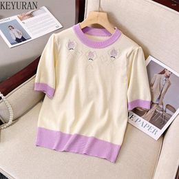 Women's Sweaters Sweet Contrast Embroidery Floral Knit T-Shirt For Women Summer Pullover Bubble Short Sleeve Sweater Knitwear Tops Ladies