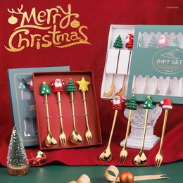Dinnerware Sets 4pcs Christmas Dessert Spoon Fork Set With Gift Box Xmas Tree Santa Hats Cutlery Year Party Tableware Decoration