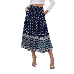 Skirts Eight Colour Navy Blue Boho Vintage Floral Print Long Skirt Womens Casual High Elastic Waist Summer Elegant Female Bottom