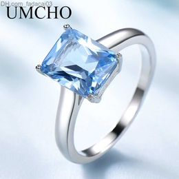 Wedding Rings UMCHO Luxury Sky Blue Gem Topaz Ring Solid 925 Sterling Silver Wedding ring Women Party Charm Exquisite Jewelry Women Z230711