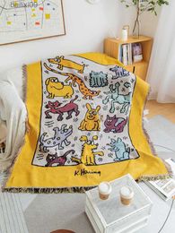 Blankets Funny Yellow Graffiti Sofa Blanket Retro Tapestry Ins Cartoon Cover Camping Outdoor Picnic Blanket Aesthetic Dormroom Home Decor T230710