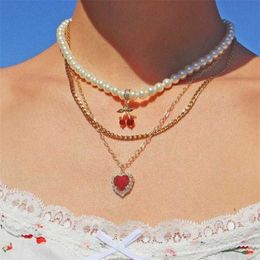 Beaded Necklaces Trendy Multilayer Crystal Heart Chain Necklace Set for Women Simple White Imitation Pearl Beads Choker Jewelry New 230613