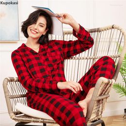 Women's Sleepwear Kupokasi Women 2 Pieces Pyjama Sets Floral Autumn Winter Pyjamas Long Sleeve Red Plaid Girl Warm Elegant Homewear