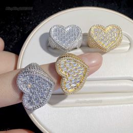 Vvs moissanite Big Heart Shaped Ring Full Paved White Baguette CZ Iced Out Bling Square Cubic Zircon Fashion Lover Jewellery for Women Men