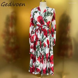 Casual Dresses Gedivoen Summer Fashion Runway Vintage Floral Print Silk Dress Women's V-Neck Long Sleeve Frenum Gathered Waist Slim Midi