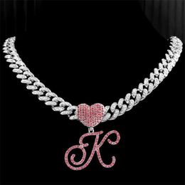 Pendant Necklaces Hip Hop Pink a z Cursive Letter Initial Heart Necklace for Women Bling Iced Out Cuban Zircon Chain Punk Jewelry 230613