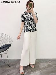 Women's Pants LINDA DELLA Summer Fashion Designer Vintage White Casual Women Elastic Waist Holiday Party Loose Pleated Straight Trousers