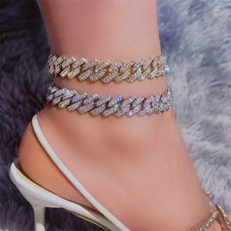 Anklets 14 Mm Iced Out Miami Cuban Link Chain Anklet for Women Gold Silver Colour Prong Rhombus Bracelet Hip Hop Jewellery 230607