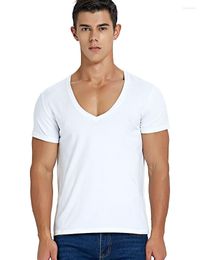 Men's Suits A1457 Deep V Neck T Shirt For Men Low Cut Scoop Top Tees Drop Tail Short Sleeve Male Cotton Casual Style