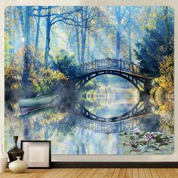 Tapestries Quiet Forest Tapestry Green Tree Lake Home Decoration Tapestry Natural Landscape Theme for Bedroom Living Room Decorations