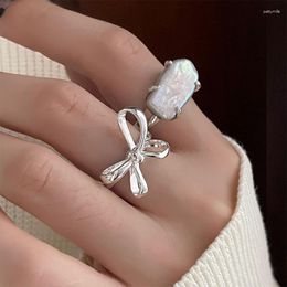 Cluster Rings Fashion Silver Colour Open Finger Ring Bowtie Opal Stone Stackable Punk For Women Girl Jewellery Gift Dropship Wholesale