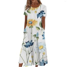 Casual Dresses Women'S Print Crew Neck Slim Dress Printed Floral For Women Backless Summer Maternity