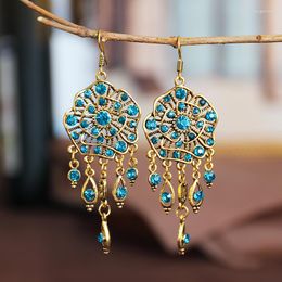 Dangle Earrings Boho Vintage Long Hollow Flower Tassel For Women Ethnic Rhinestone Gold Colour Geometric Jhumka Jewellery