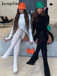 Casual Dresses Jacuqeline Spring Turtleneck Long Sleeve Thin Bodycon Women Club Outfits Sexy Black Slim With Stockings Mini Dress White