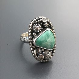 New Vintage Tibet Boho Silver Colour Green Stone Rings for Women Party Antique Big Oval Carved Leaves Ring Girl Friendship Gift