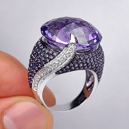 Elegant Large Round Purple Zircon Crystal Stone Rings for Women Female Purple Rhinestone Bridal Wedding Rings Jewellery Wholesale