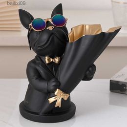 Decorative Objects Figurines French Bulldog Figurine With Home Animal Resin Sculpture Flower Vase For Table Decoration Dog Statue T230710
