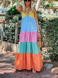Casual Dresses Summer Loose Long Beach Dress Elegant Vintage Stripe Print Patchwork Women 2023 Fashion Sleeveless Sling