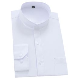 Men's Dress Shirts Mandarin Bussiness Formal Shirts for Men Chinease Stand Collar Solid Plain White Dress Shirt Regular Fit Long Sleeve Male Tops 230710